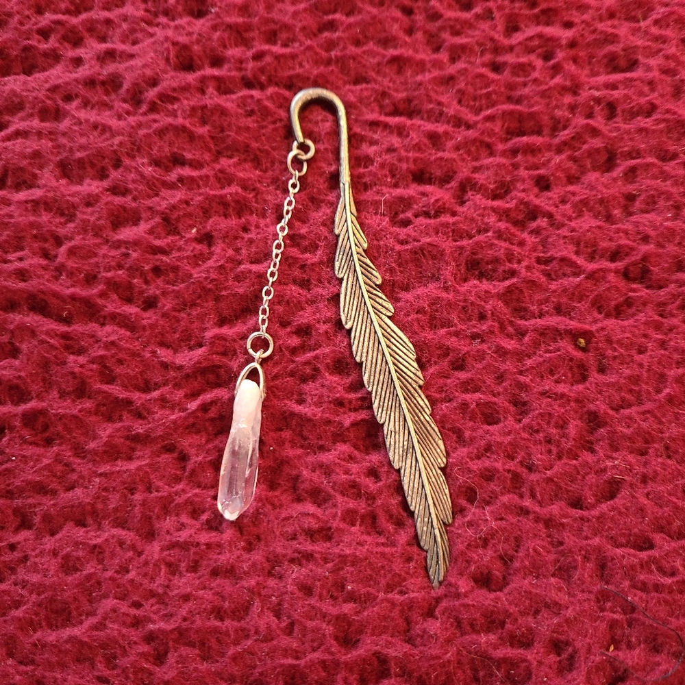 Vintage Feather Shaped Metal Bookmark with Clear Quartz Gemstone 4.5"